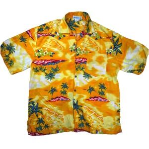 Fun-Wear Hawaiian Shirt Tropical Palm Tree Sunset Rayon Button Down Large Orange